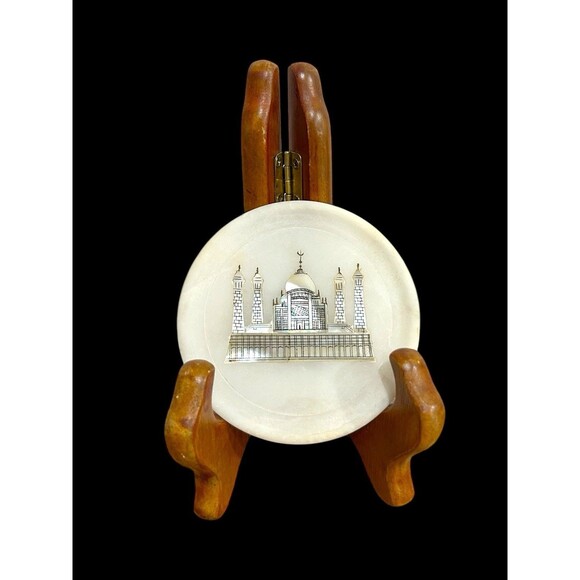 Vtg Alabaster & Mother Of Pearl Taj Mahal Trinket Plate Coaster 3" No Cracks - Picture 1 of 5